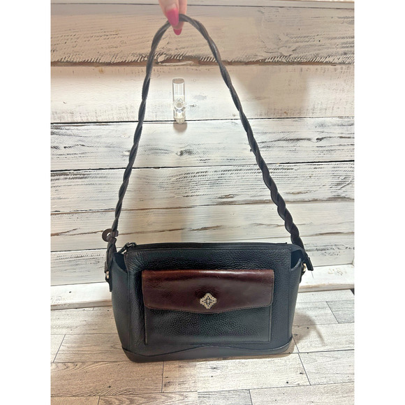 Brighton Two Tone Leather Shoulder Handbag Purse Black Brown floral interior - Picture 13 of 13